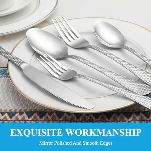 30 Pcs Hammered Silverware Set Service for 6 (Silver)