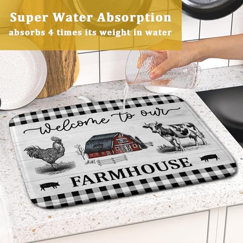Farmhouse Barn Dish Drying Mat 16x18 Inch Cow Rooster Absorbent Microfiber Dish Drainer Rack Pad Bottles Protector for Kitchen Counter (farm barn / 16" x 18")