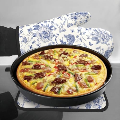 Chinoiserie Flower Oven Mitts and Pot Holder Blue Leaves Heat Resistant 2Pcs Washable Oven Gloves Hot Pads for Kitchen Baking Grilling BBQ (Chinoiserie Flower)