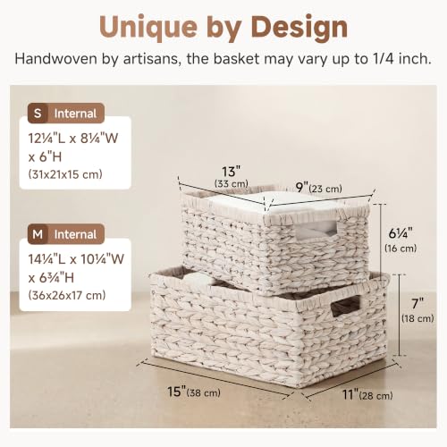 Large Wicker Baskets for Storage (White (Water Hyacinth) / 15"L x 11"W x 7"H + 13"L x 9"W x 6¼"H)