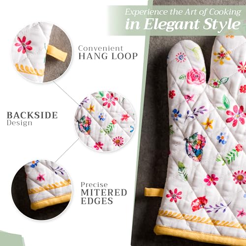 Maison d'Hermine Oven Gloves 100% Cotton Oven Mitt (034 - Happy Florals - Sweety / 7.5" x 13" (Oven Mitt))