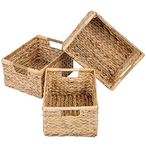 Large Wicker Basket Rectangular with Wooden Handles for Shelves (Water Hyacinth / 3-Pack Large (14.5"L x 10.3"W x 7.5"H))