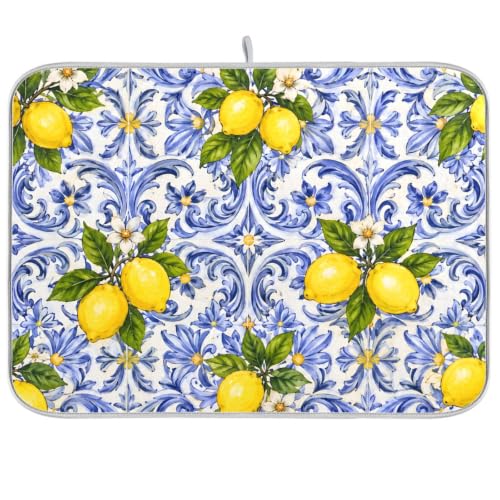 Lemon Blue Tiles Dish Drying Mat for Kitchen Counter Absorbent Microfiber Drying Pad (18" x 24")