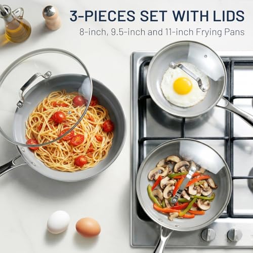 Ceramic Nonstick Frying Pans with Lids (Cream & Grey / 3 Pack with Lids)