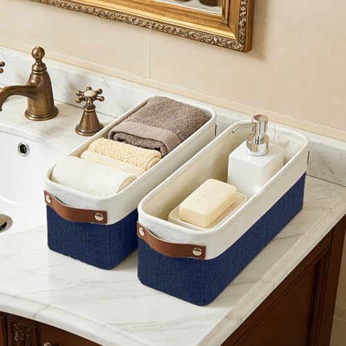 Small Fabric Storage Baskets (NavyBlue / Off-White / Narrow-15"x6"x5")