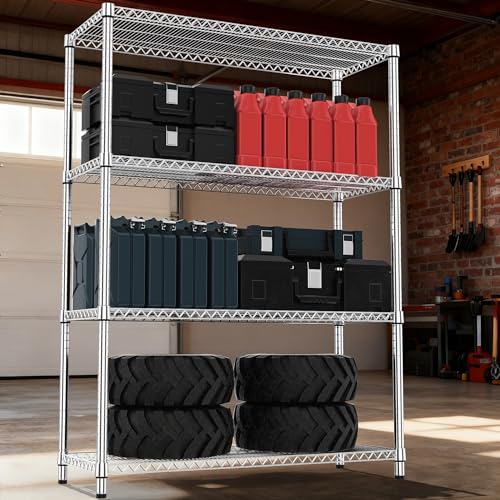4 Tiers Shelf Metal Storage Shelves 2640 lbs Steel Storage Shelving Utility Shelving Unit Steel Organizer Wire Rack for Home (4 tier, 17.7"D x 47.2"W x 70.3"H / Chrome)