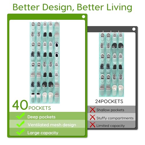 Over the Door Shoe Organizer with 40 Large Breathable Mesh Pockets (Mint Blue / 40 Pockets)