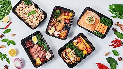 32 oz 50Pack Plastic Meal Prep Food Storage Containers with Lids Reusable 1 Compartment To Go Lunch Box Black Extra Large &Thick Microwave Freezer Dishwasher Safe BPA Free Stackable (32S-50)