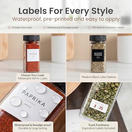 Glass Spice Jars with Label 24 PK (Square Spice Jars with Black Lids)
