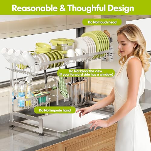 Over The Sink Dish Drying Rack with Cup and Utensil Holder (Silver / 2 Tier, Over Sink)