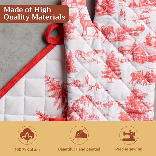 100% Cotton Oven Mitt & Pot Holder Set (120 - Winter Jouy / 7.5" x 13" & 8" x 8" (Oven Mitt & Pot Holder))