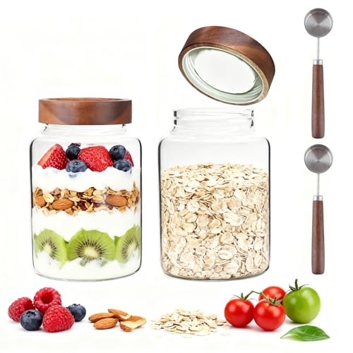 60 oz Glass Coffee Jars with Wooden Airtight Lid Spoon Clear Herb Ground Canister Round Food Storage Container for Sugar Pantry Flours Tea Coffee Bean Spice Cookies (1800ml/60oz-2PACK（with spoon))
