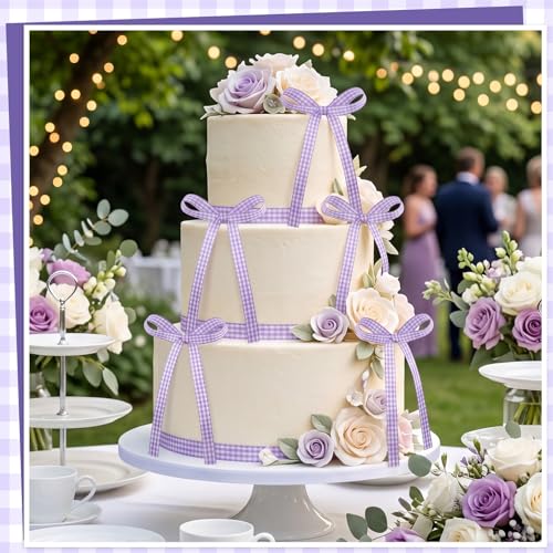 30 Pack Bow Cake Toppers Purple Gingham Ribbon Bows for Cake (Purple Gingham)
