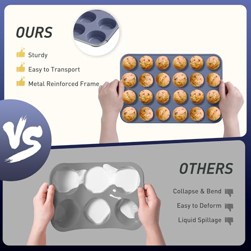 2 Pack 24 Cups Silicone Mini Muffin Pan with Metal Reinforced Frame Silicone Molds Cupcake Pans Tray Egg Bites Circle Cookie Molds Muffin Tin Tart Pans Baking Sheet Set for Breakfast Sandwiches (2pc: 24-Cup Mini / Morandi Pink and Morandi Blue)