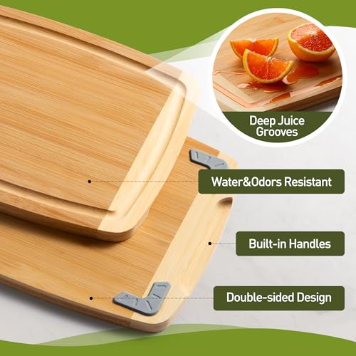 Bamboo Cutting Board Set Non Slip Feet Over Sink Tablas Para Picar Cocina Tabua Madeira Corte Carne Bambu Alimentos Cortar Madera Juego Regalos Cumpleaños Navidad Mujer Mama Abuela Hombre Papa (3-Piece / Two-Tone Bamboo)