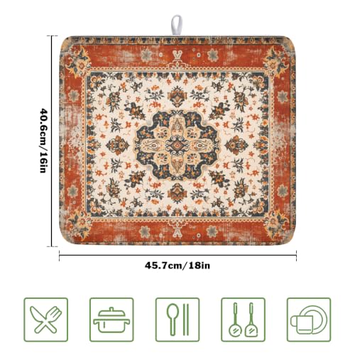 Ethnic Boho Dish Drying Mat Rust Coral Floral Decorative Dishes Pad 16x18 Inch Absorbent Fast Dry Drainer Rack Mats for Kitchen Countertop (Ethnic Boho Orange / 16x18 inch)