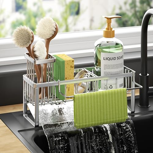 Sponge Holder for Kitchen Sink (Silver-Sloping / with Dishcloth Holder)