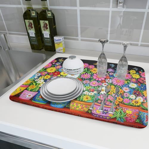 Vintage Flowers Dish Drying Mats Spring Floral Drying Matt Kitchen Counter 18x24 (Vintage Flowers Colorful / 24" x 18")