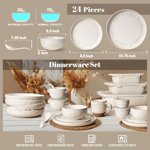 Plates And Bowls Sets (Damask Floral (24 Pieces) (White))