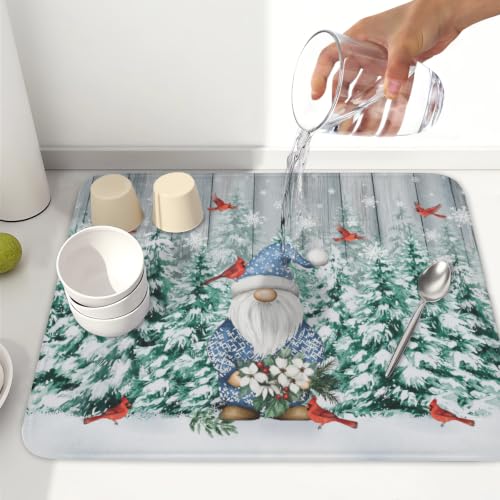 Winter Gnome Dish Drying Mat Pine Tree Dishes Pad 16"x18" Microfiber Absorbent Fast Dry Drainer Rack Mats Protector for Kitchen Countertop (Winter Gnome Bird / 16x18 inch)