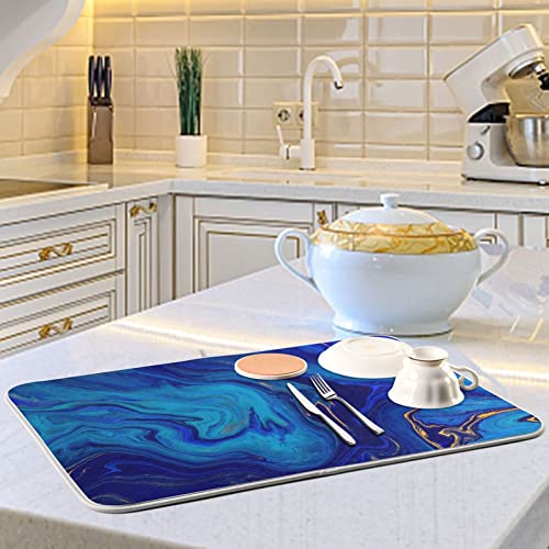 Super Absorbent Dish Drying Mat (Navy Blue Gold Marble / 18" x 24")