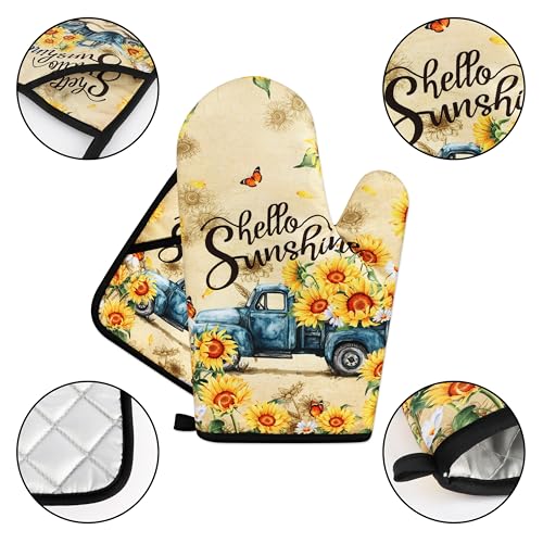 Sunflower Oven Mitts and Pot Holders Sets Vintage Floral Oven Gloves Heat Resistant 4 Pcs Farmhouse Decorative Kitchen Hot Pads and Mitts for Baking Cooking Grilling (Yellow Blue)