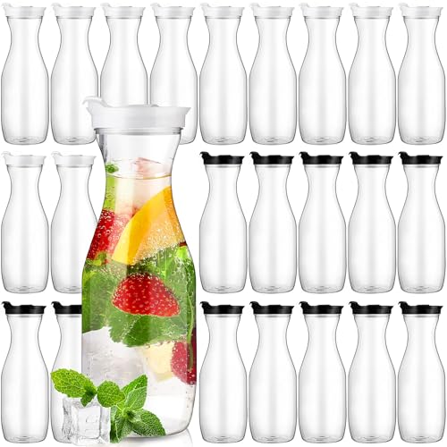 24 Pcs Plastic Water Carafe with Lid 32 Oz Clear (White, Black Cap)