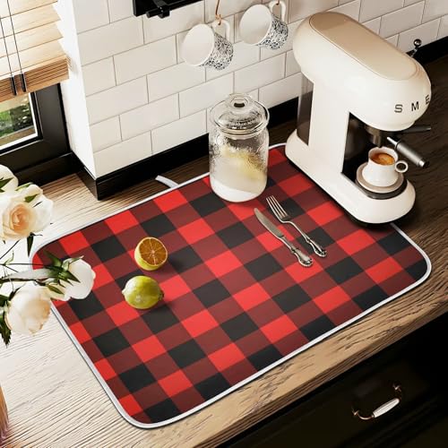 Christmas Red Black Buffalo Plaid Dish Drying Mat for Kitchen Counter Absorbent Microfiber Small Drying Pad Dish Mats for Kitchen Countertops 16 x 18 Inch (18" x 16")