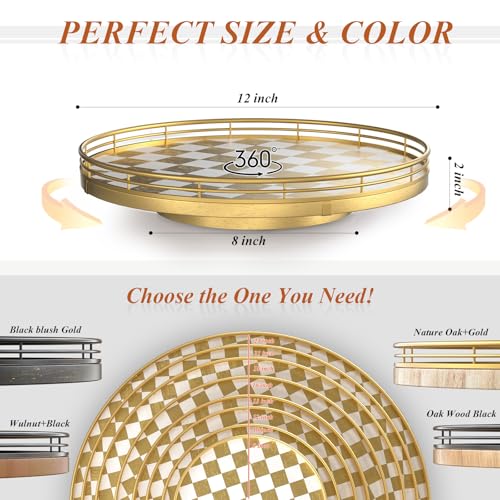 12 Inch Gold and White Checkerboard Lazy Susan with Metal Rail (Gold & White / 12 inches)