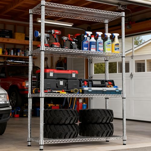 4 Tiers Shelf Metal Storage Shelves 2640 lbs Steel Storage Shelving Utility Shelving Unit Steel Organizer Wire Rack for Home (4 tier, 17.7"D x 47.2"W x 70.3"H / Chrome)