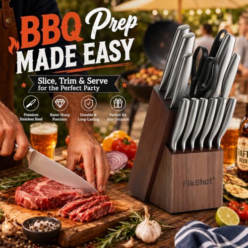 14 Pieces Knife Block Set German Stainless Steel with Sharpener (Silver + Walnut)