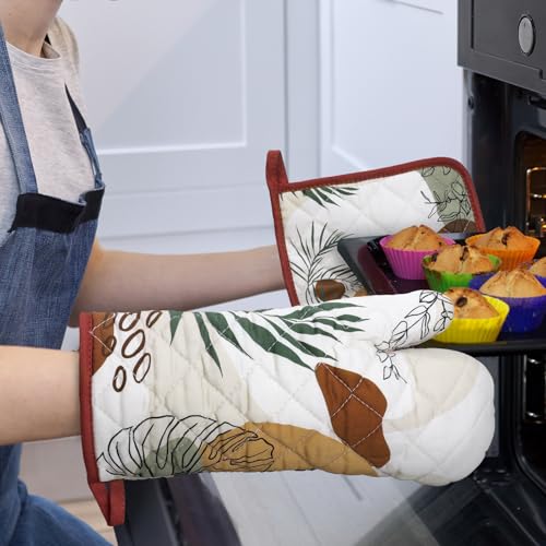 Boho Leaf Oven Mitts and Pot Holders Set (Boho Leaf / Oven Mitt x2 & Pot Holder x2)