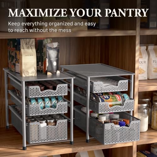 Stackable 3 Tier Sliding Basket Organizer Drawer (3-Tier / Silver)