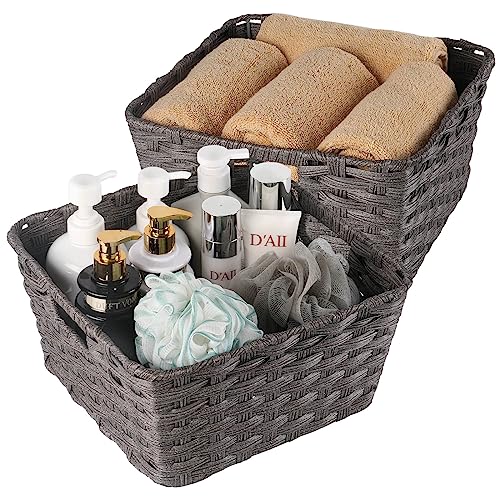 2 Pack Plastic Wicker Bathroom Baskets (12" x 12" x 6" / Dark Grey)