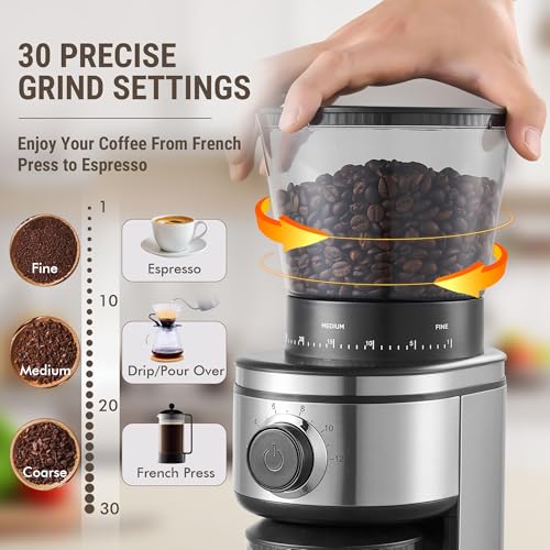 Conical Burr Coffee Grinder Electric (Shiny silver Black)