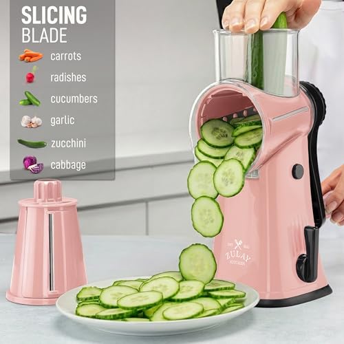 Rotary Cheese Grater Manual Hand Crank 5 Blade Shredder (5 Blades / Peach & Black)