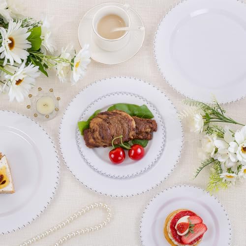 100pcs White Plastic Plates with Silver Beads for Bridal Showers (Silver and White Plastic Plates / 100PCS)