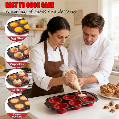 Muffin Pan, 6-Cup Nonstick Silicone Muffin Pans for Baking, Food-Grade Cupcake Pan for Oven, Microwave, Dishwasher Safe, BPA-Free Silicone Baking Mold for Muffins, Cupcakes, Egg Muffins (6 Cups Red)