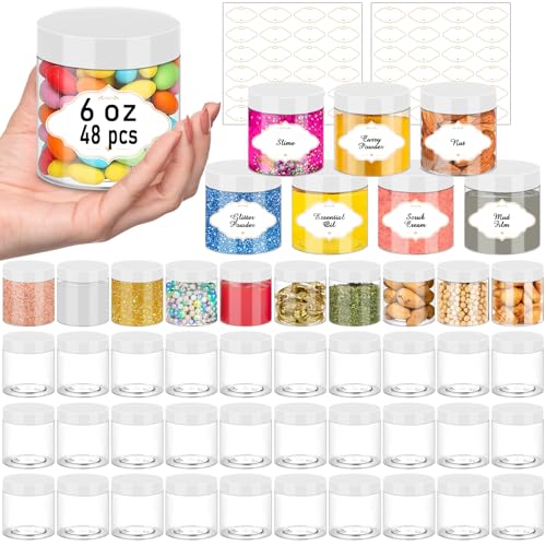 6 OZ Plastic Jars with White Lids (6OZ 48Pcs White)