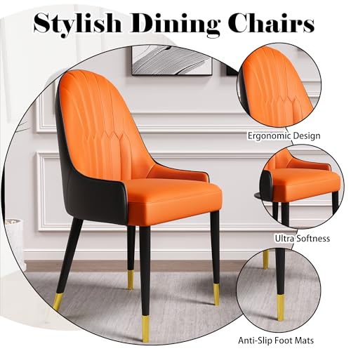Orange Dining Chairs Set of 2 with High Backs Mid Century Modern Kitchen Dining Room Chairs PU Faux Leather Upholstered Large Padded Accent Chair with Legs (Orange)