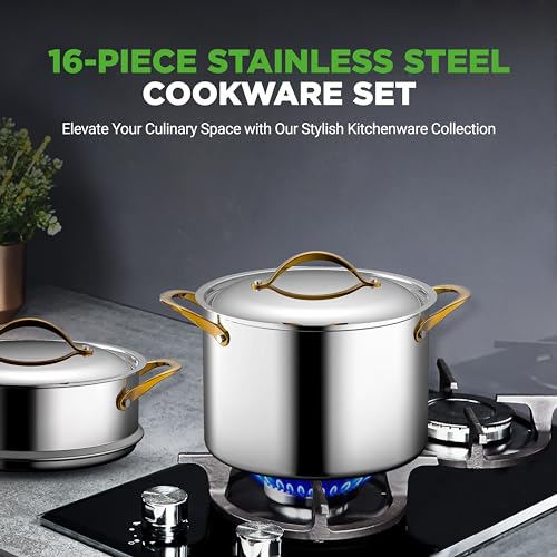 16 Piece Stainless Steel Cookware Set (Stainless Steel / Gold)