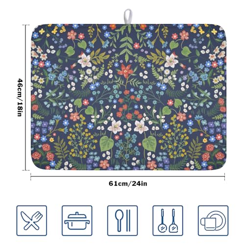 Flower Floral Dish Drying Mat 18x24 inch Microfiber Navy Blue Drying Mats with Hanging Loop Absorbent Green Leaves Dish Drainer Mat Reversible Flowers Drying Pad for Kitchen Counter Sink (Colored Flower / 24" x 18")