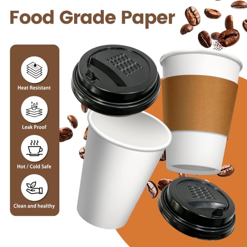 16 oz Disposable Paper Coffee Cups with Lids & Sleeves