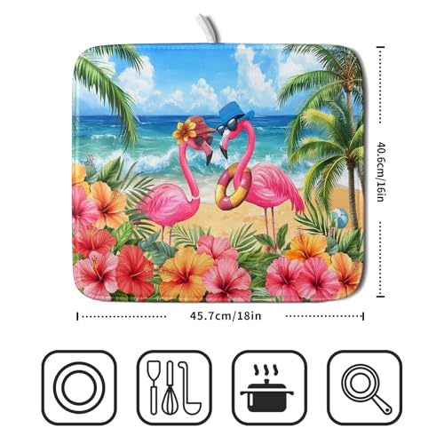 Summer Flamingos Dish Drying Mat 16x18 inch Tropical Beach Microfiber Washable Dish Rack Mats Drainer Pad for Counter Kitchen Table Decor (Summer Flamingos / 16" x 18")