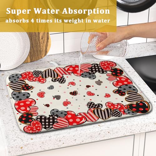 Red Heart Dish Drying Mat 16"x18" Love Dots Microfiber Dish Drainer Rack Mat Holiday Absorbent Fast Dry Pad for Kitchen Counter Home Decor (Heart Dots / 16" x 18")