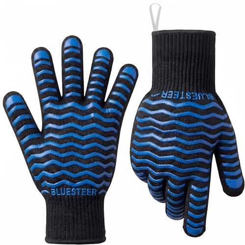BBQ Gloves 1472°F Heat Resistant Oven Gloves with Fingers (Black-blue / One Size Fits Most)