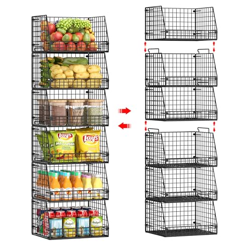 6 Pack Stackable Wire Baskets for Pantry (6 Pack—Wide 15.4"W x11.8"D)