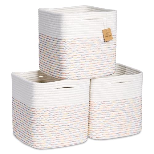 Storage Cubes 11 Inch Cotton Rope Woven Baskets for Organizing (Off White & Rainbow Stitching)