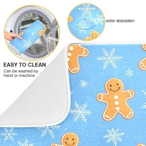 Snowflake Gingerbread Cookie Blue Dish Drying Mat for Kitchen Counter Absorbent Microfiber Drying Pad (16" x 16")