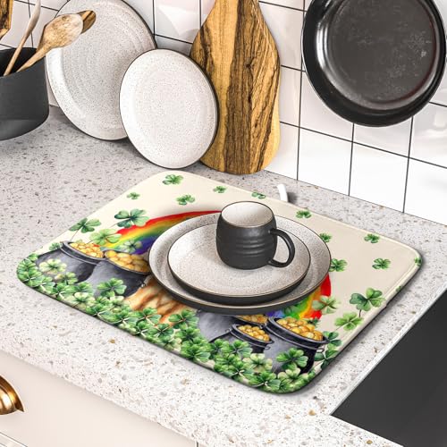 St Patricks Day Drying Mat Samll Lucky Clovers Green Kitchen Decor Counter Mats for Dog Lover (Green Lucky Gog / 18" x 16")